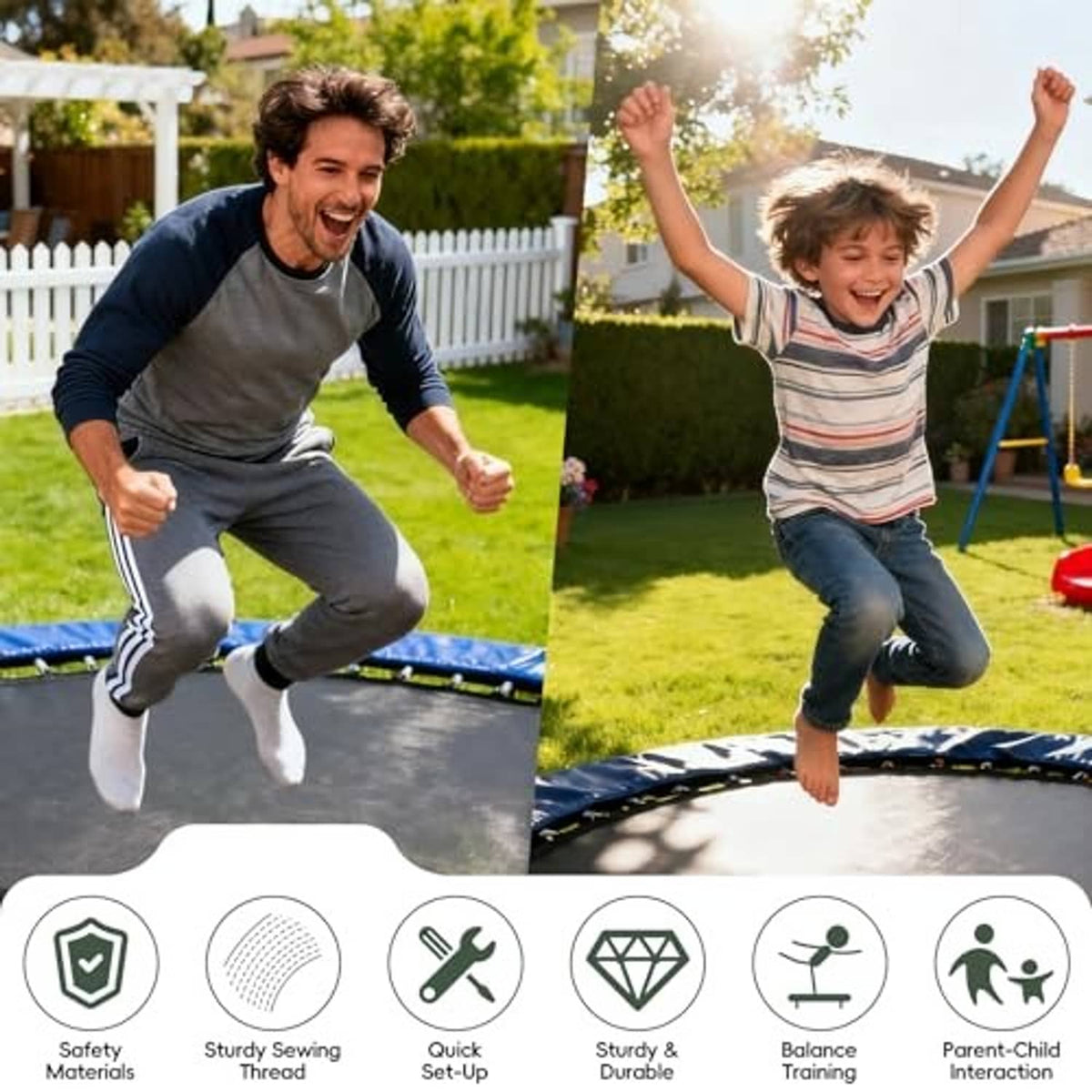 Black round trampoline jumping mat in a backyard with kids playing on it