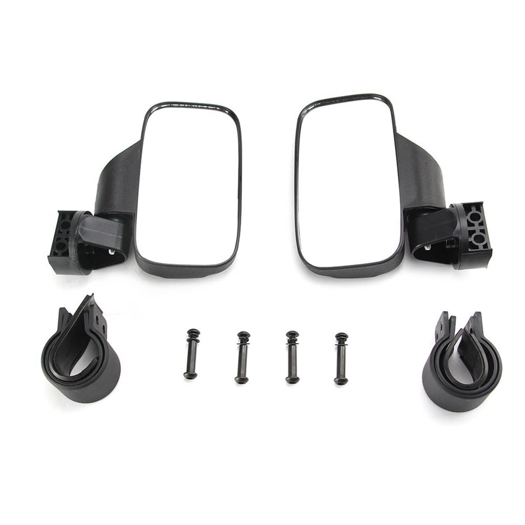 Universal UTV roll bar mirror kit with two rectangular mirrors, mounts, and screws