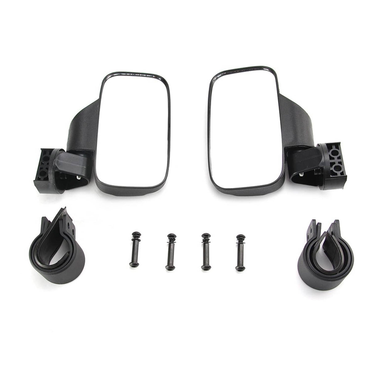 Universal UTV roll bar mirror kit with two rectangular mirrors, mounts, and screws