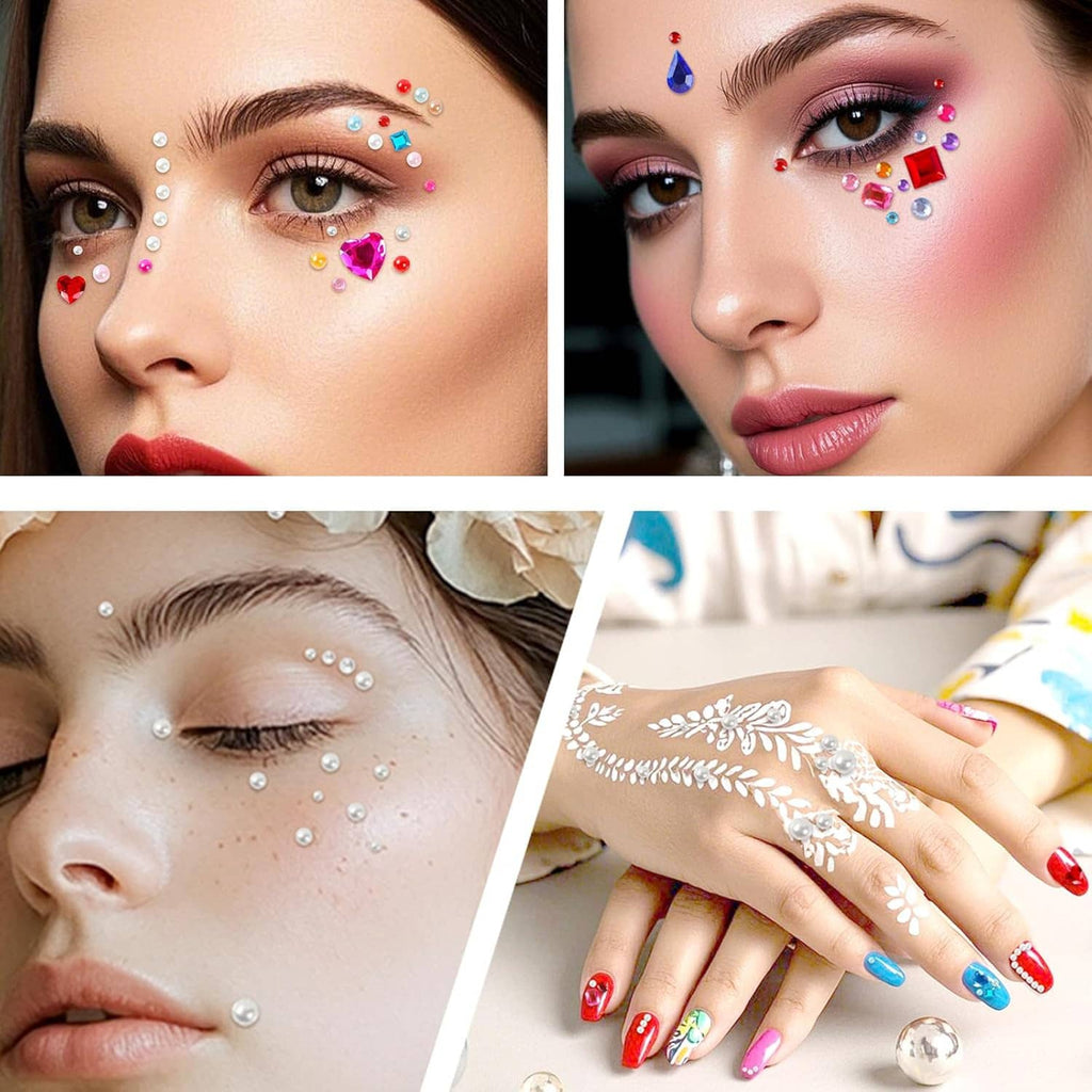 Face gem sticker set applied around eyes and cheeks, assorted rhinestones and hearts