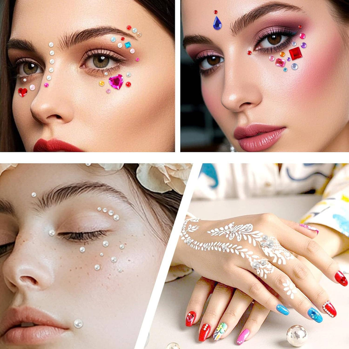 Face gem sticker set applied around eyes and cheeks, assorted rhinestones and hearts