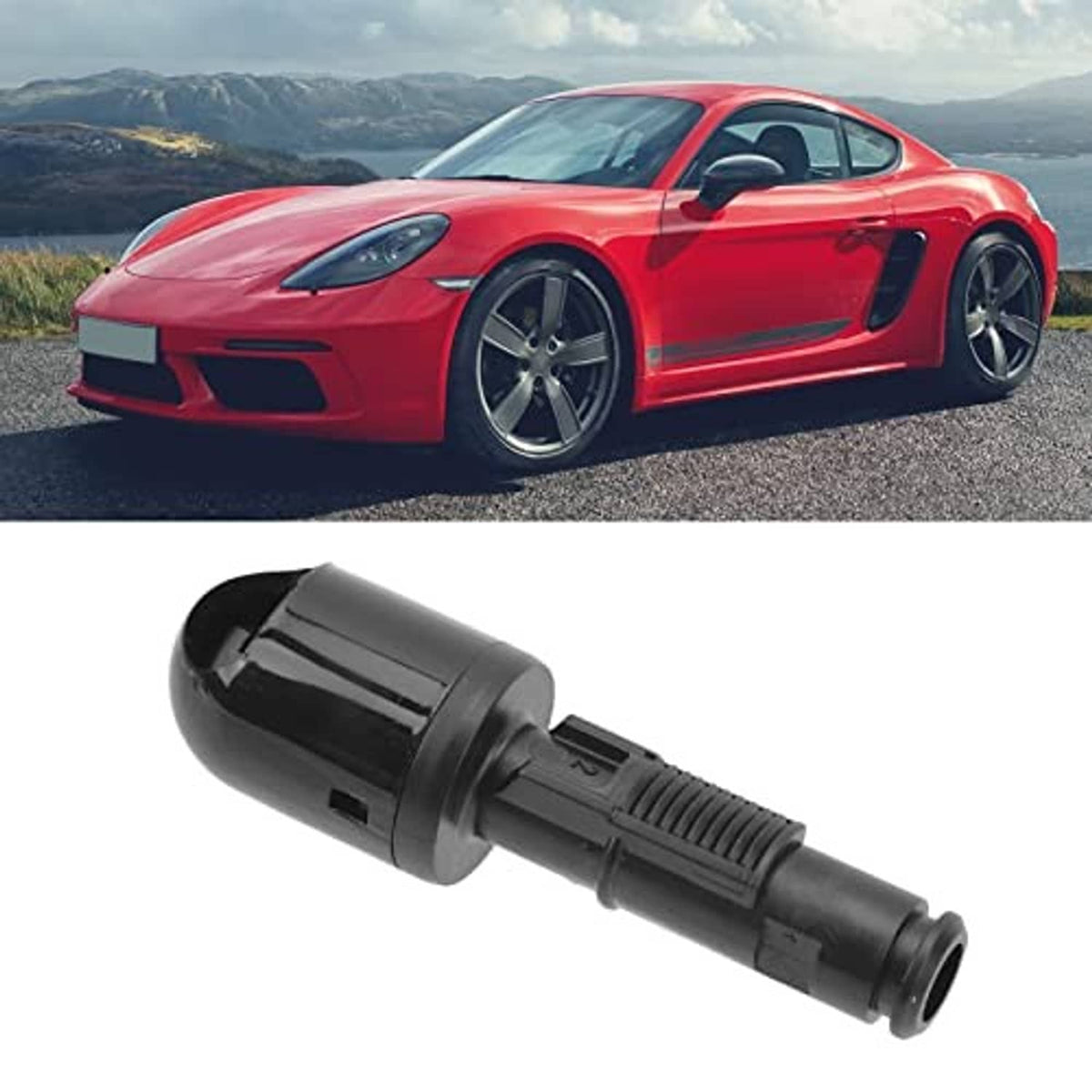 Black headlight washer nozzle with rounded spray tip, shown as separate auto part.
