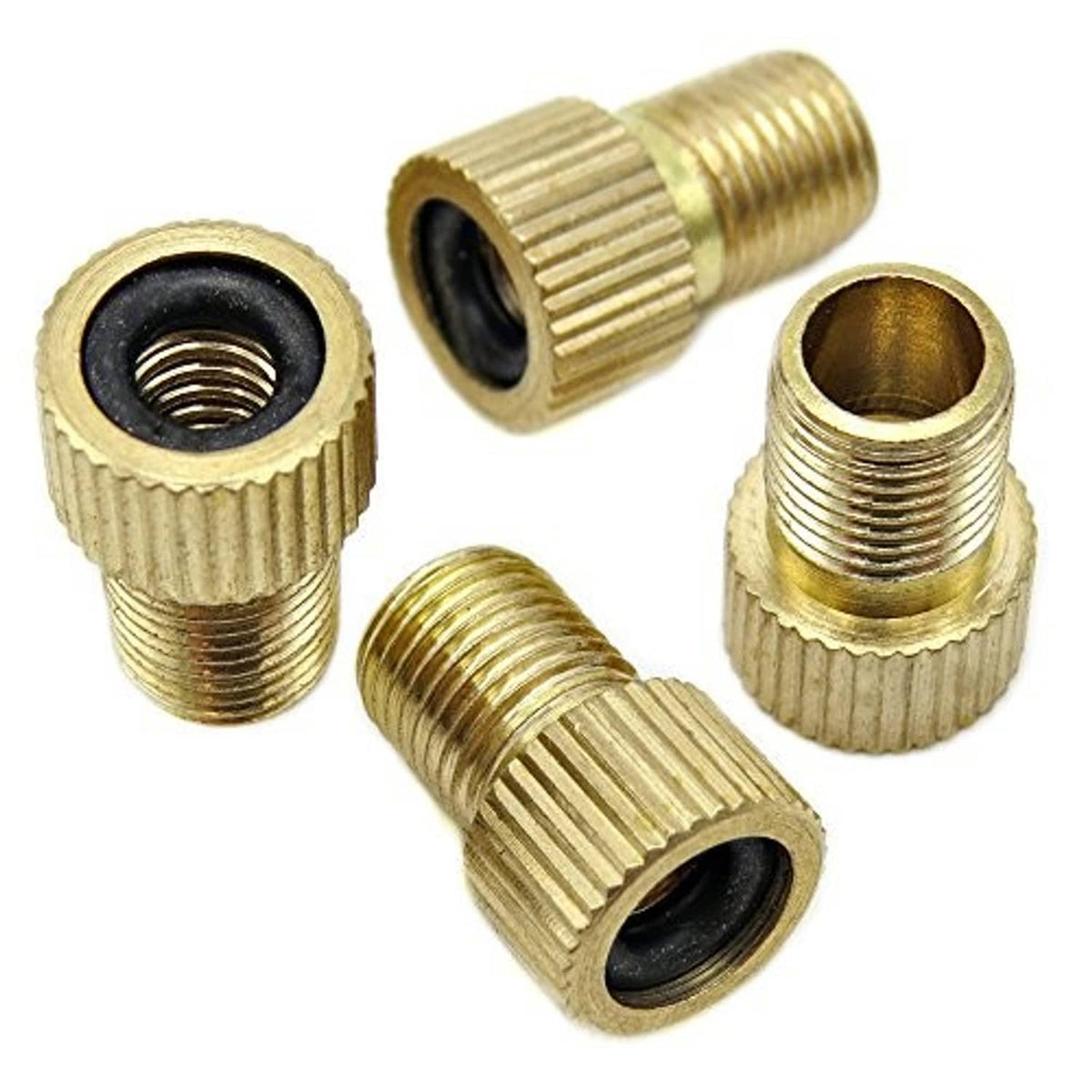 Brass Presta-to-Schrader valve adapter with black rubber O-ring, multiple connector ends