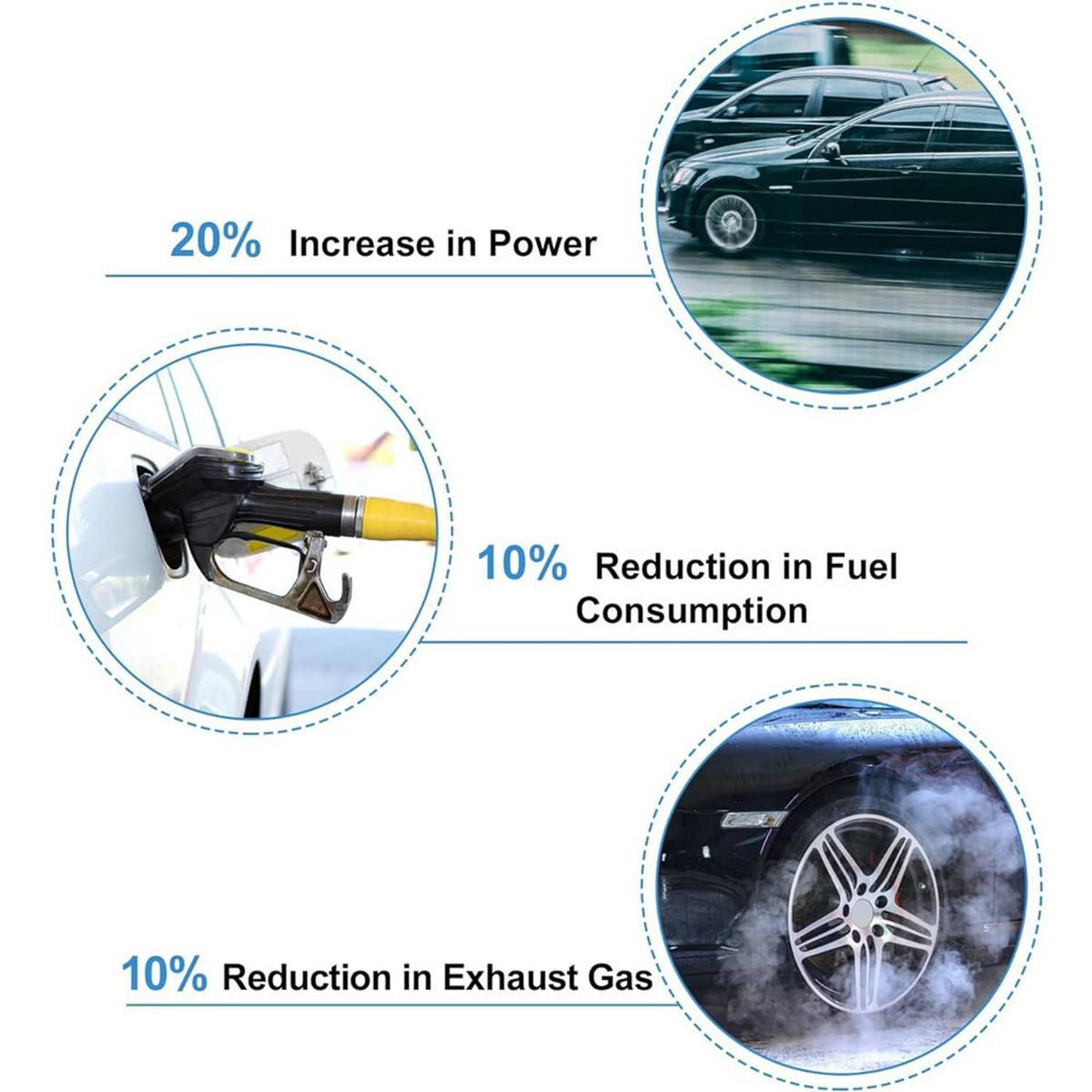 Fuel injector illustration with car performance and fuel consumption icons