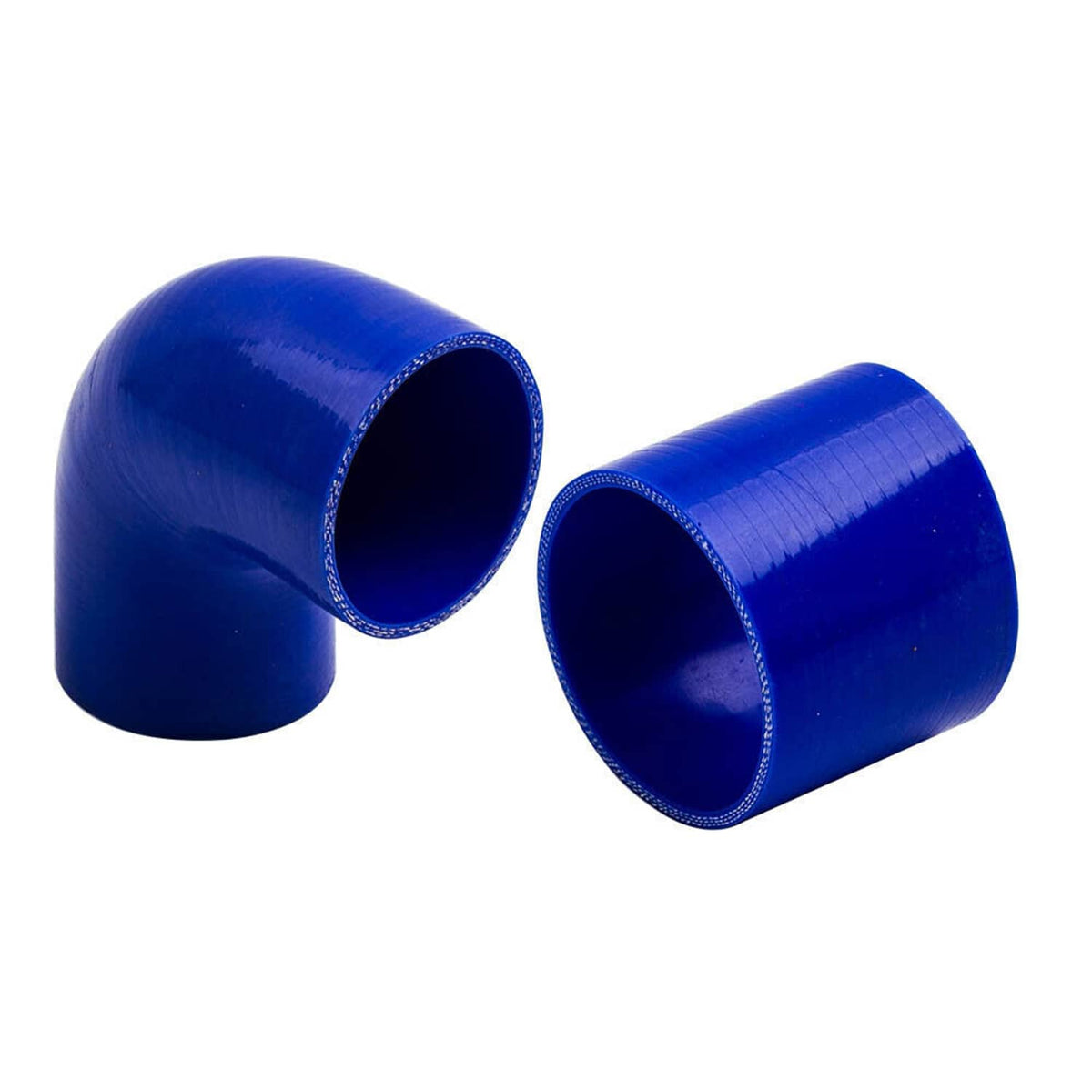 Two blue silicone elbow couplers for intercooler piping with curved 90-degree shape
