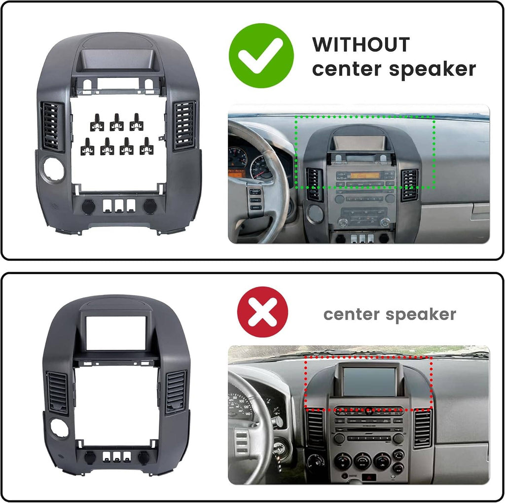 Dark gray center dash instrument panel bezel without center speaker opening