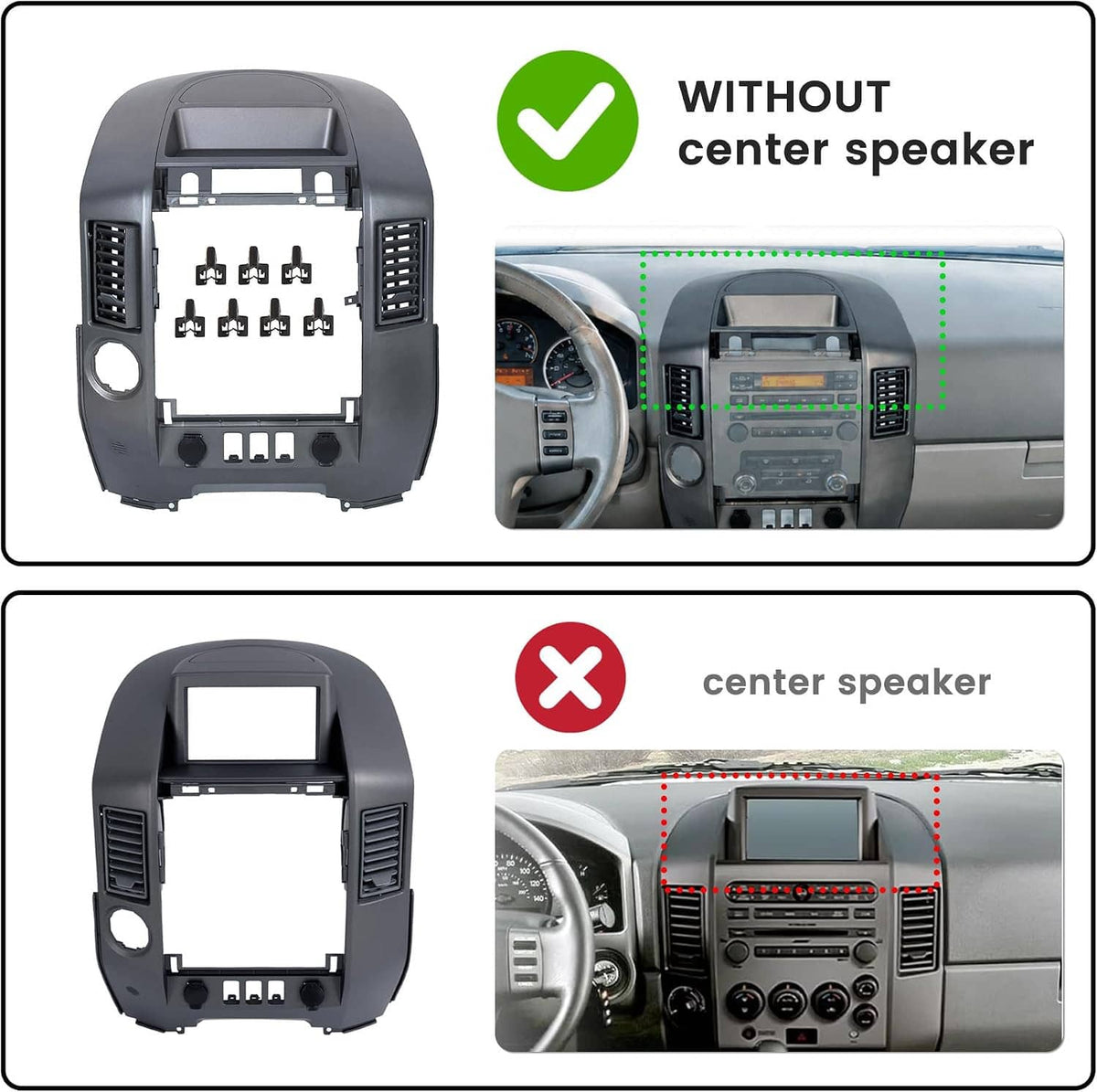 Dark gray center dash instrument panel bezel without center speaker opening