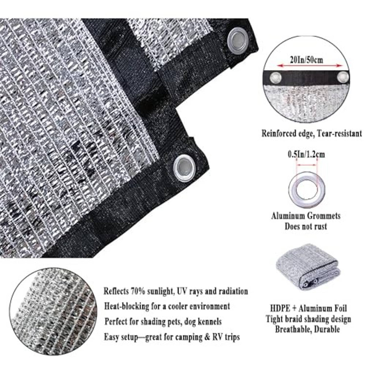 Reinforced corner of reflective shade cloth with aluminum grommets and eyelets