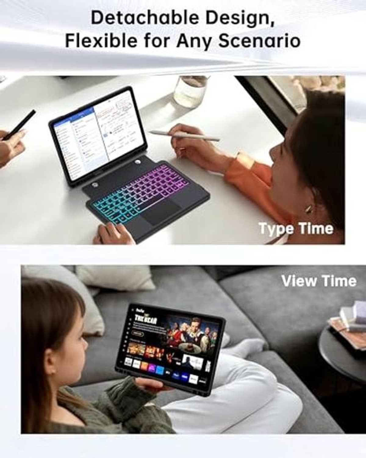 Tablet keyboard case with rainbow backlit keys and detachable design for typing