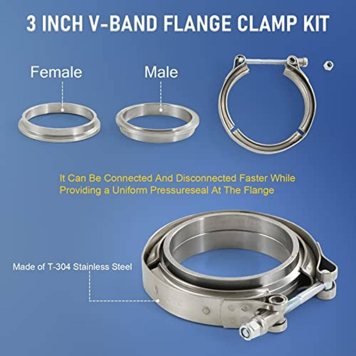 3-inch V-band flange clamp kit with male and female T-304 stainless steel flanges