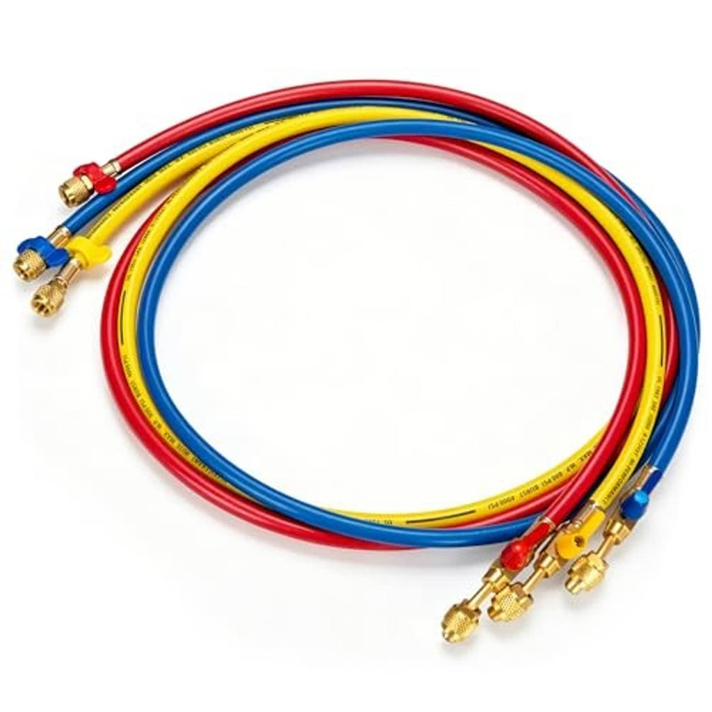 Coiled color-coded refrigerant hoses (blue, yellow, red) with multiple brass end fittings