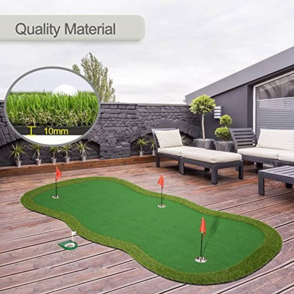 Green putting green mat with dense turf pile, pin flags, and cup insert on deck