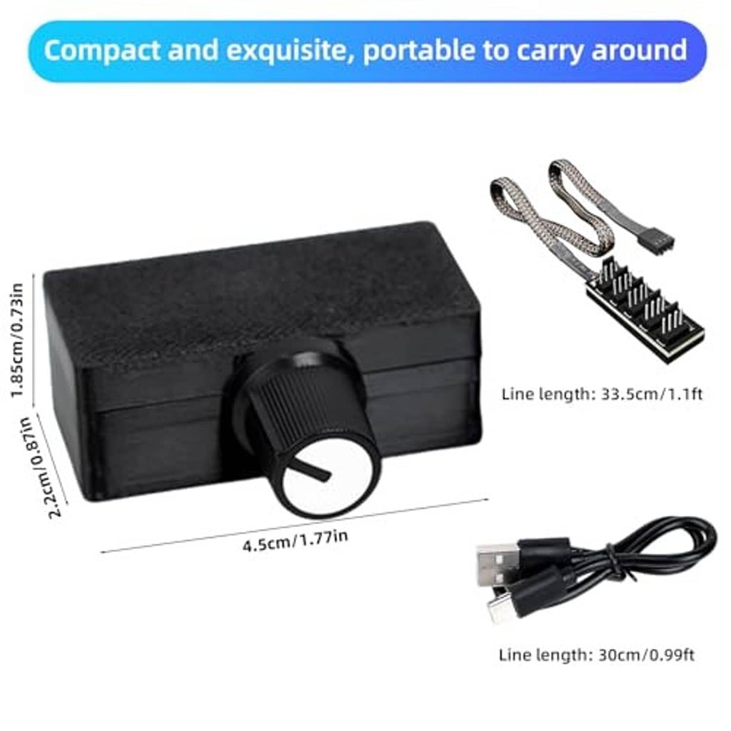 Compact black PWM fan controller with speed knob, header strips, and USB cable