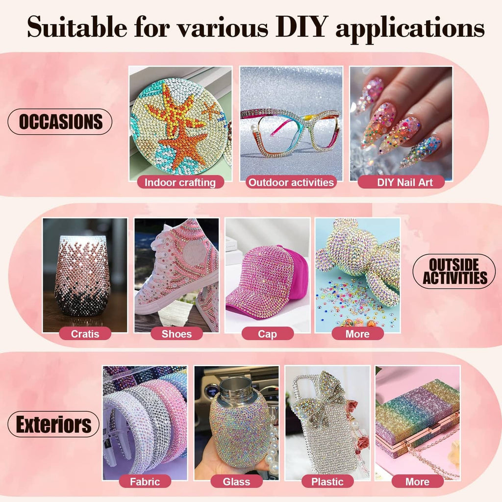 Assorted resin jelly rhinestones for DIY, shown in multicolor craft layouts