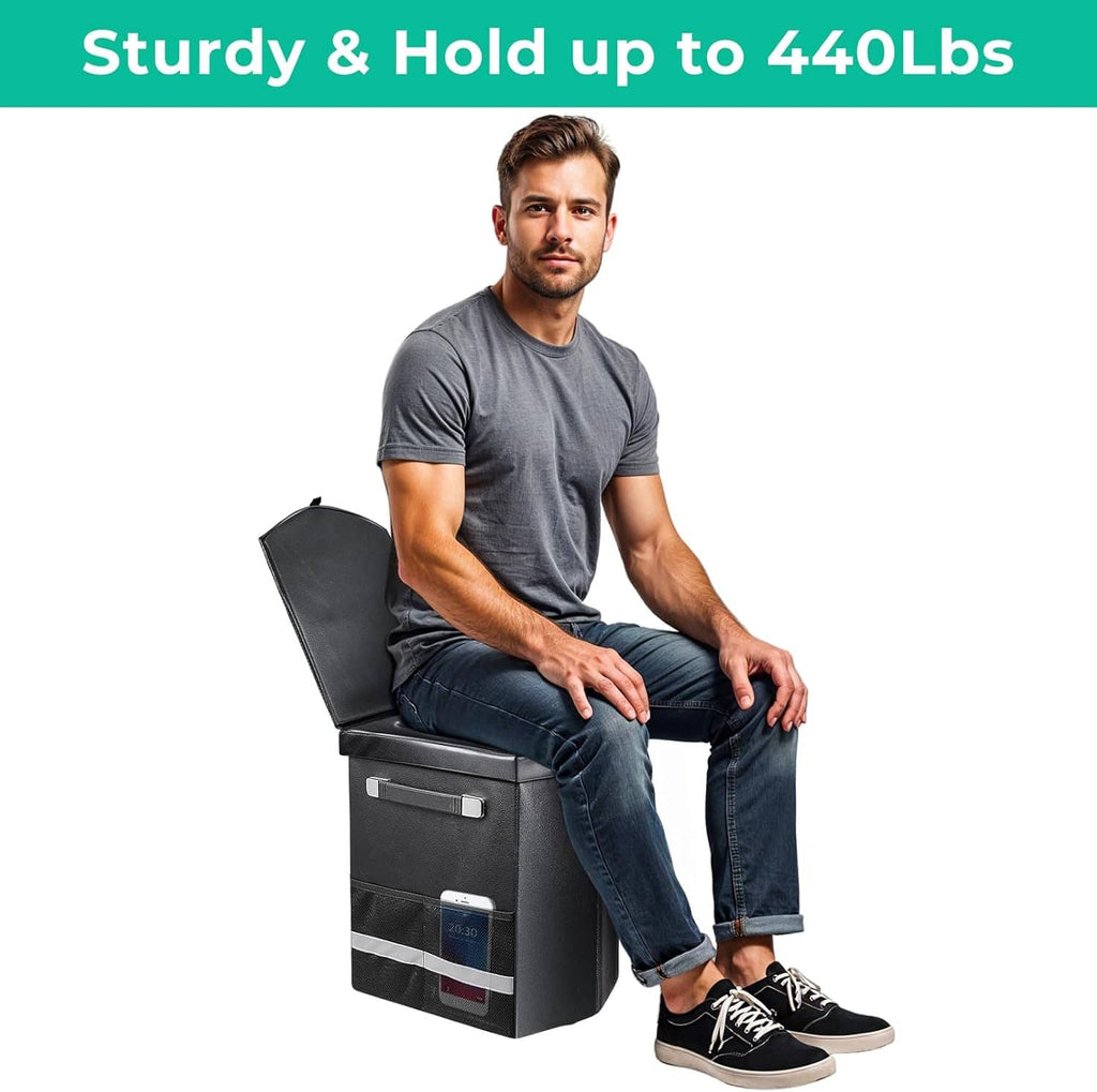 Portable adult toilet with open lid, shown in use while seated on the black case
