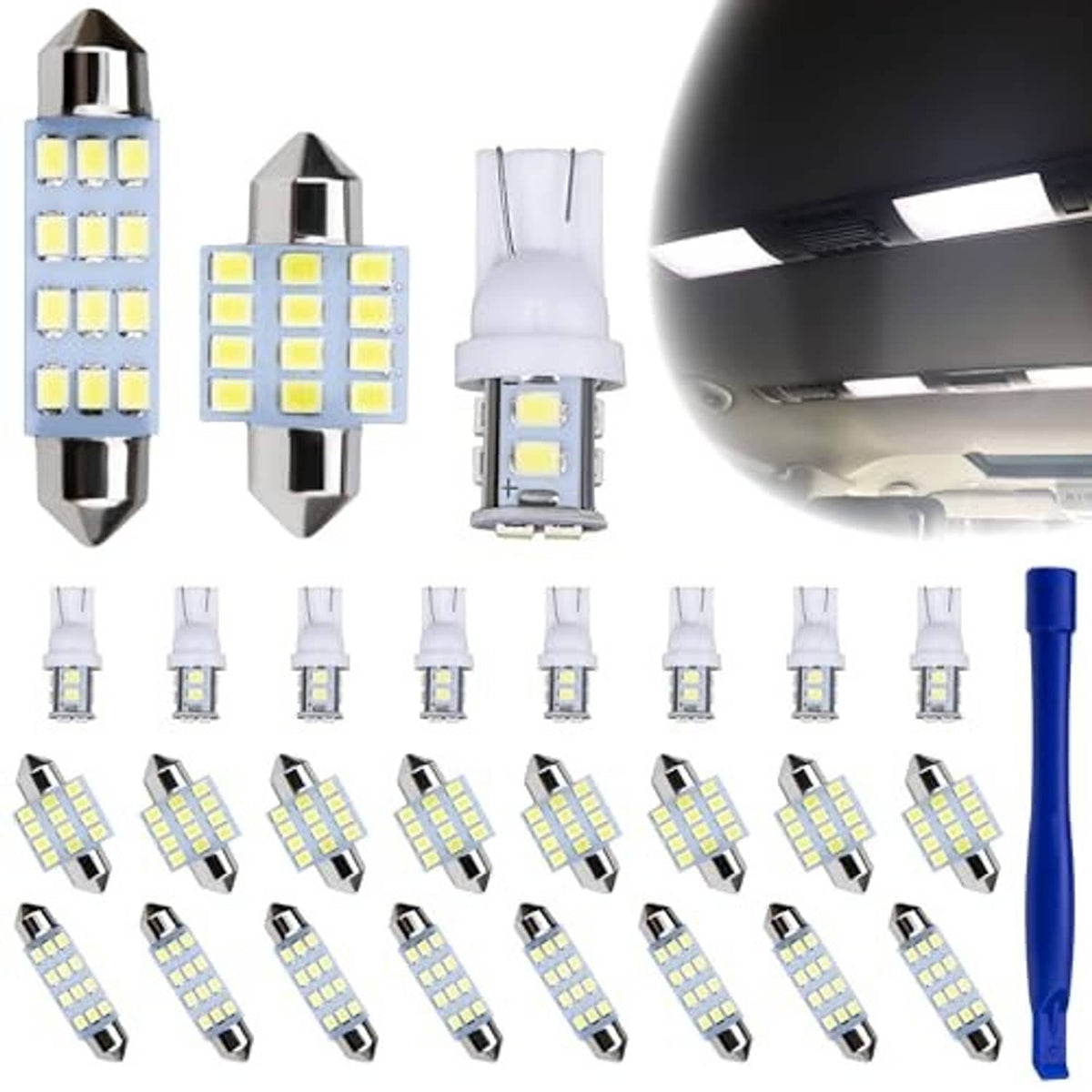 Assorted LED dome light bulbs with white circuit boards and chrome end caps, set of bulbs