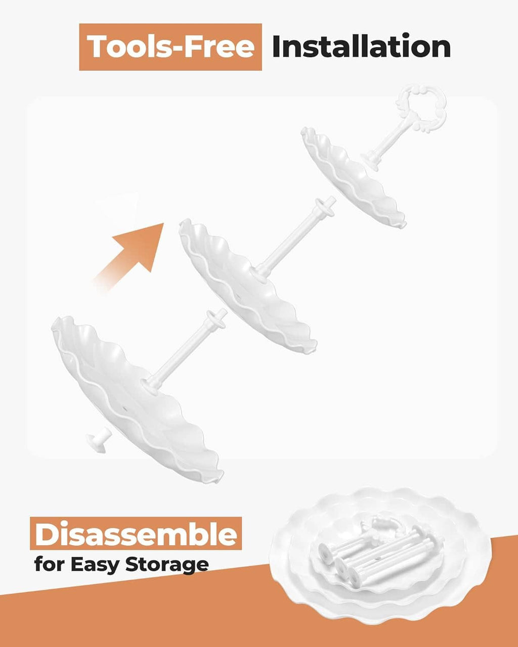 Tools-free, disassemblable design diagram for stacking cupcake stand parts