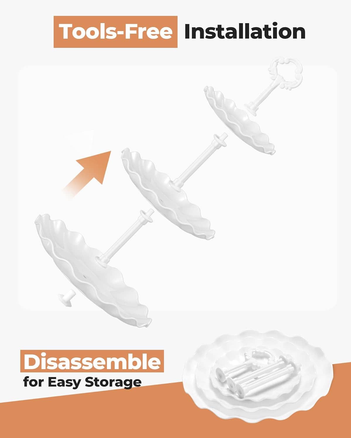 Tools-free, disassemblable design diagram for stacking cupcake stand parts