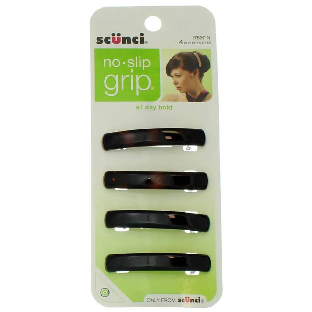 Scunci no-slip grip auto clasp barrettes, 4 pack; four glossy dark barrettes