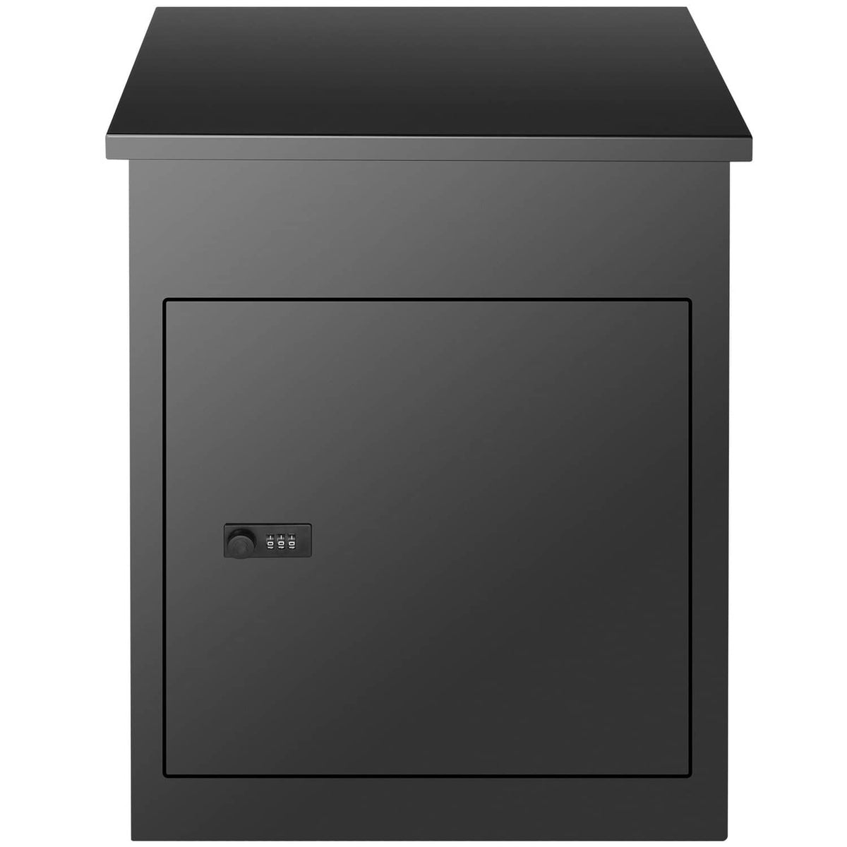 Outdoor parcel mailbox front with coded lock keypad on dark gray door panel