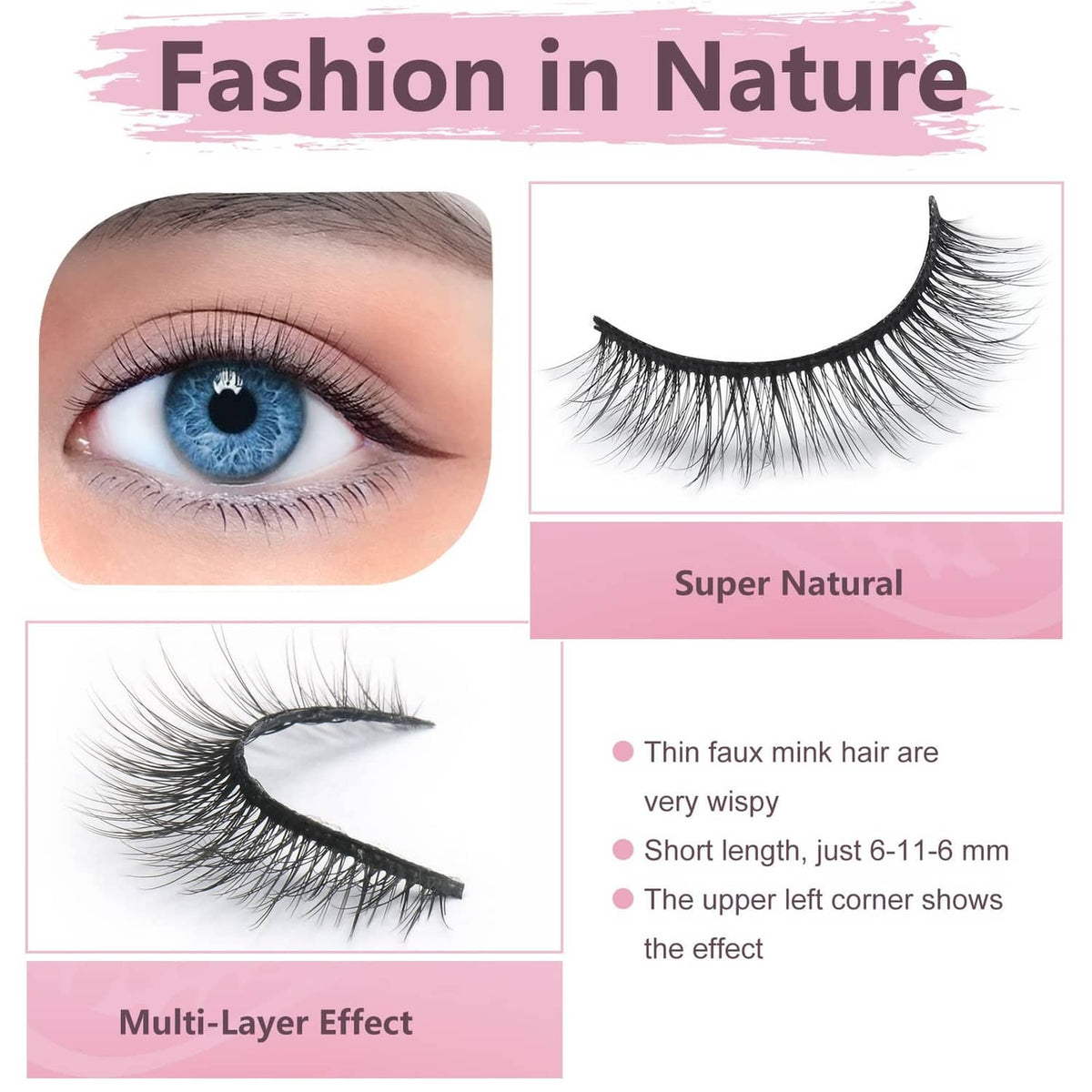 Natural wispy false eyelashes on a short lash strip, reusable look
