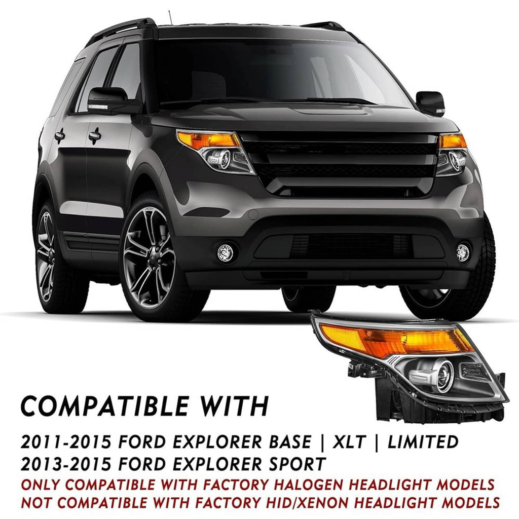 Vehicle front with black projector headlight and amber turn-signal housing