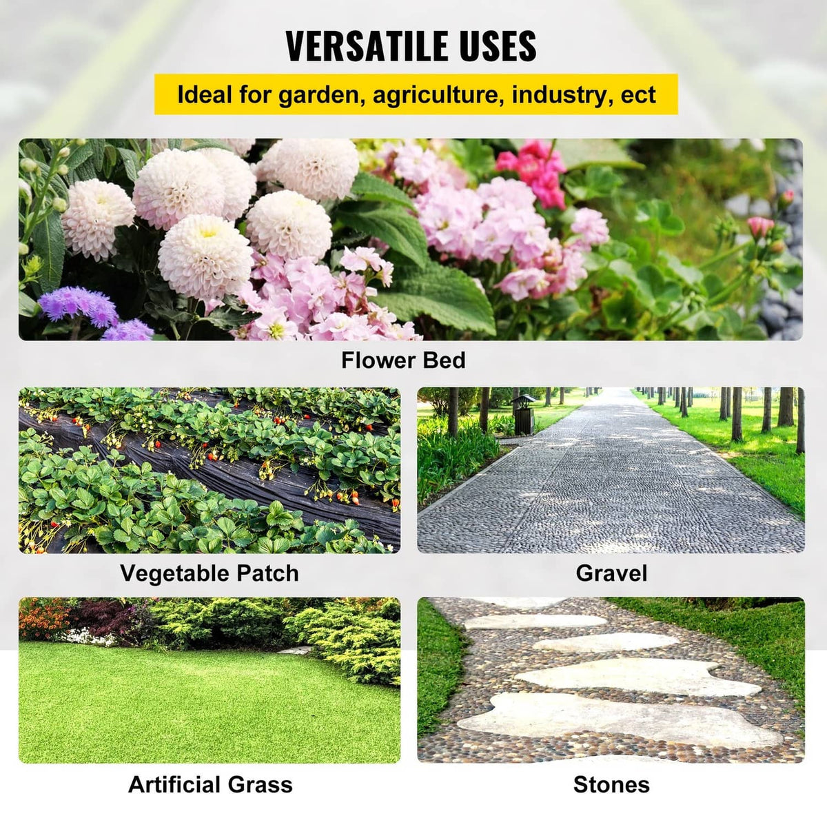 Black weed barrier fabric shown for flower beds, vegetable rows, gravel and grass