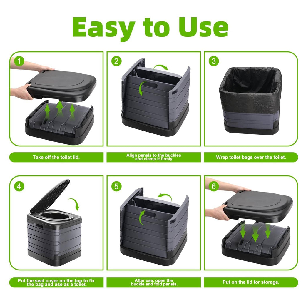Black portable toilet with open top panels and fold-down carry handles