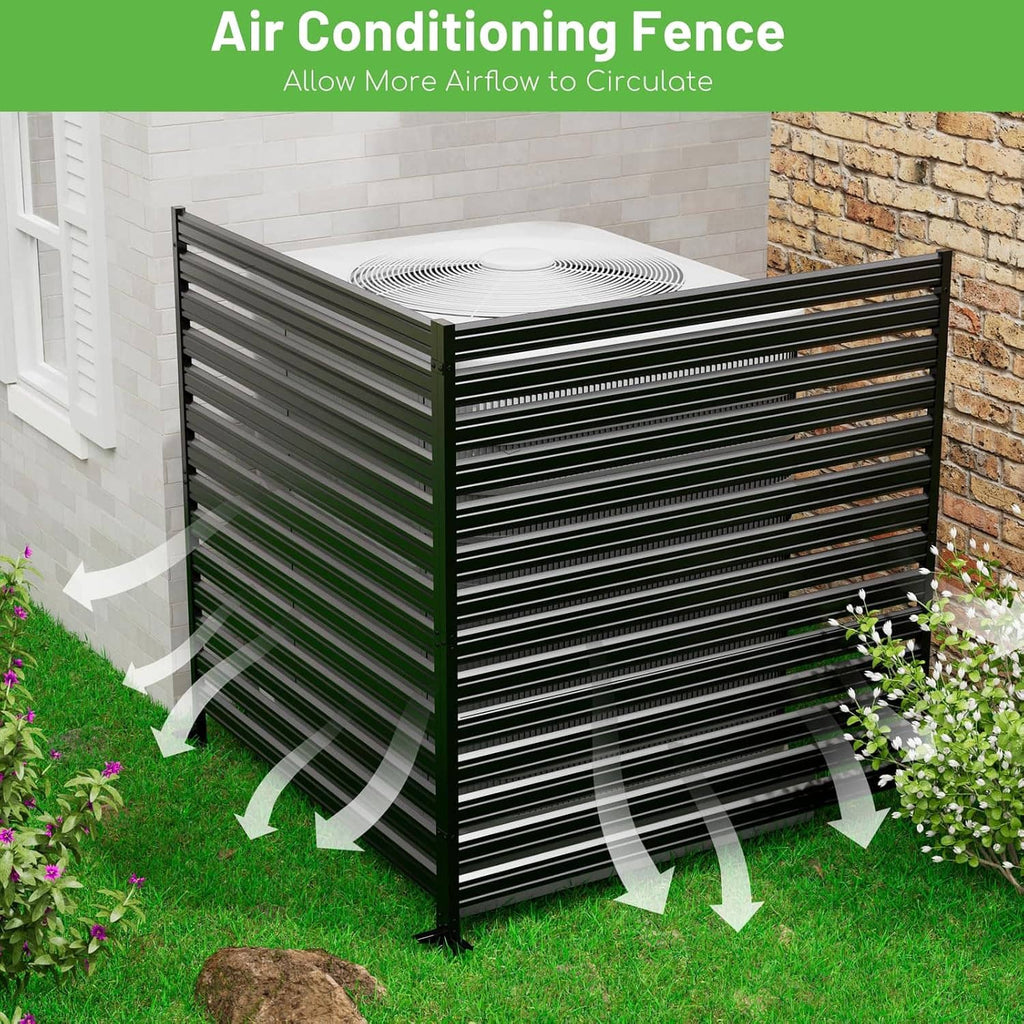 Black air-conditioner fence screen with horizontal slats and corner posts, outdoor use.