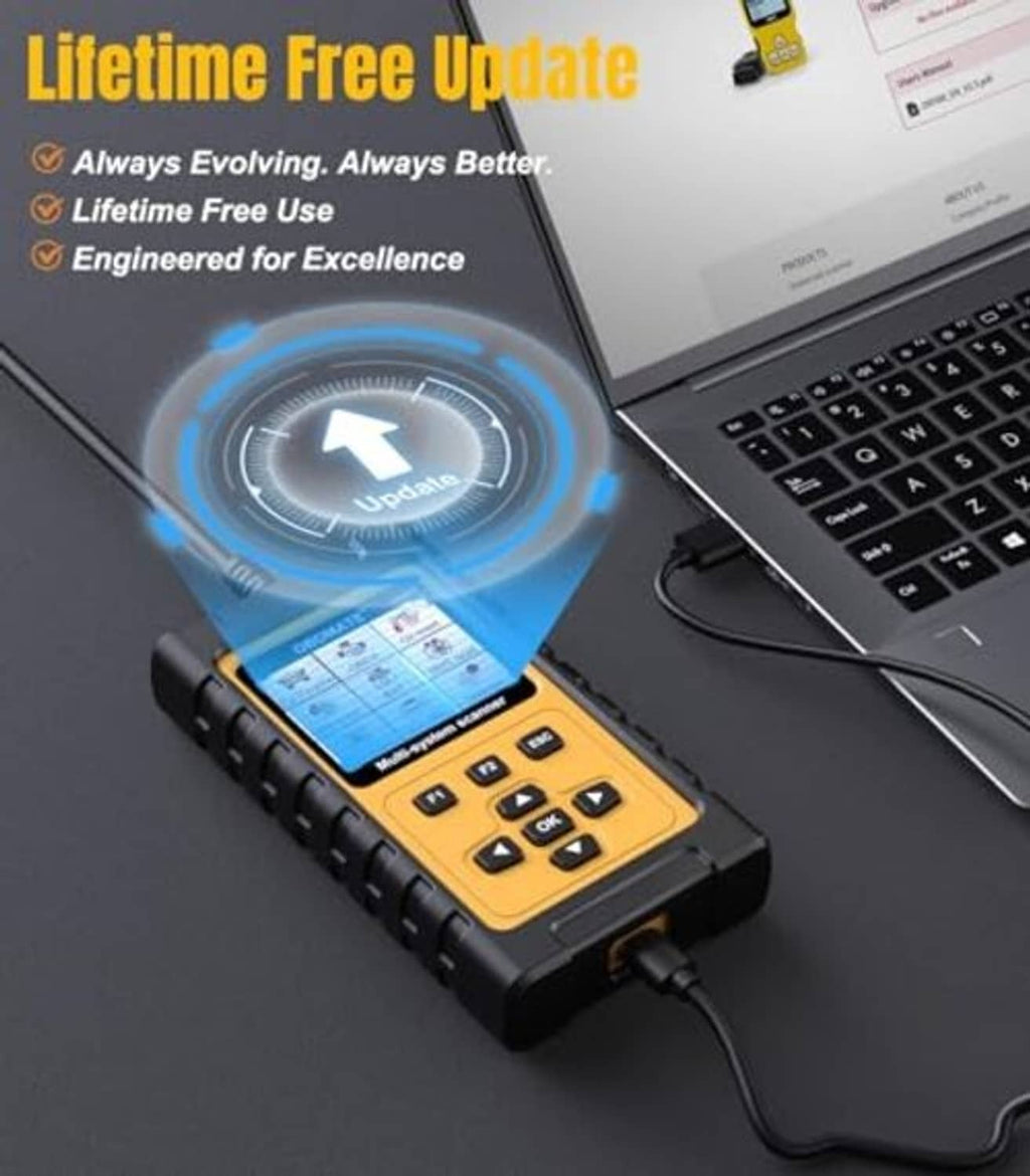 OBDMATE OMB817 OBD2 scanner connected to a laptop with charging and data cable