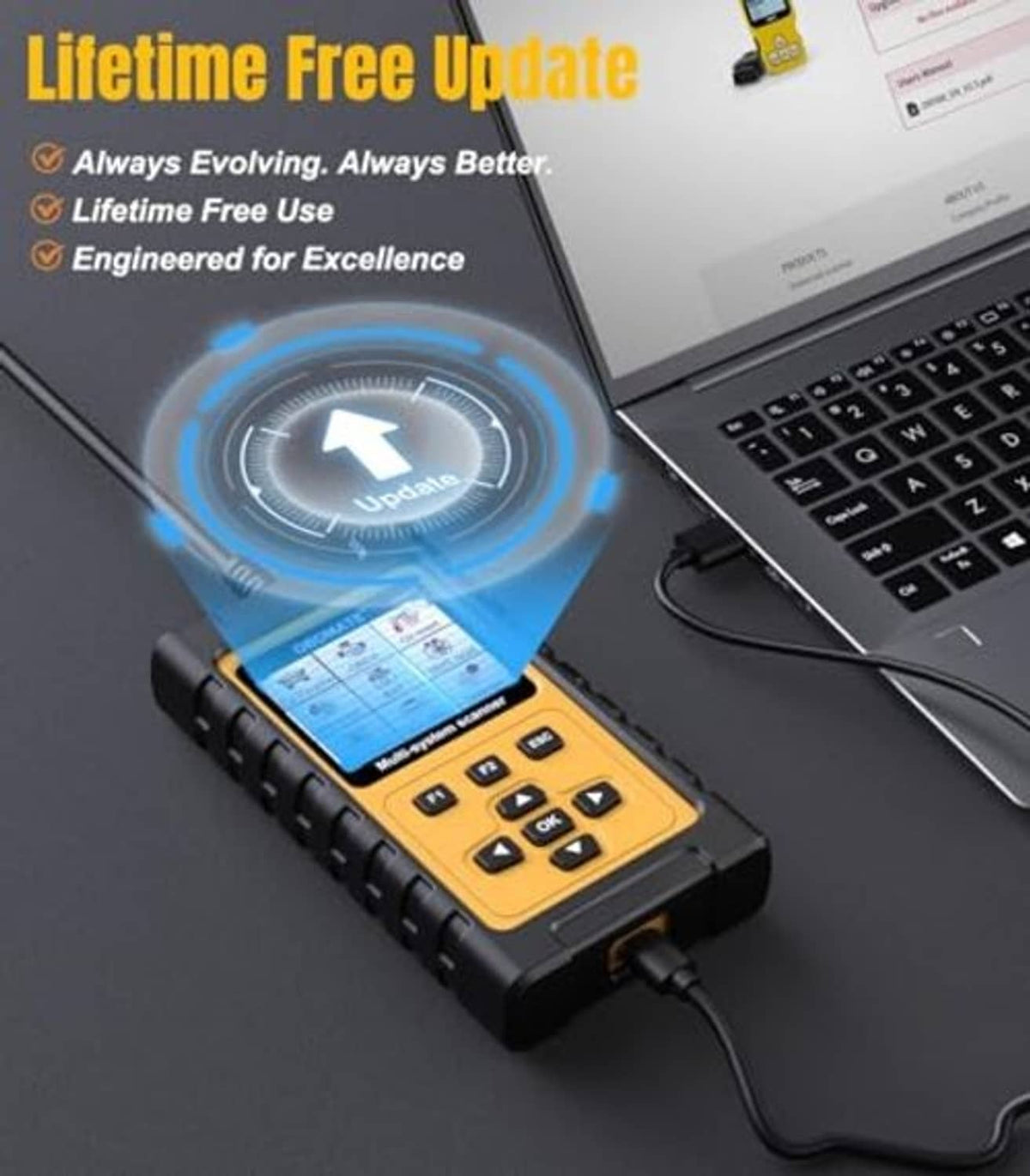 OBDMATE OMB817 OBD2 scanner connected to a laptop with charging and data cable