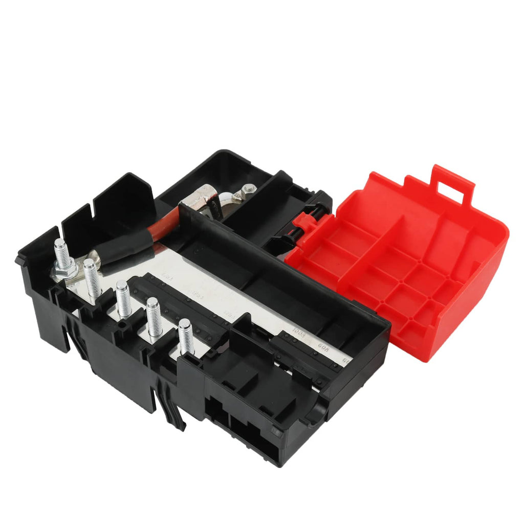 Battery distribution fuse block with red cover and metal posts on black base