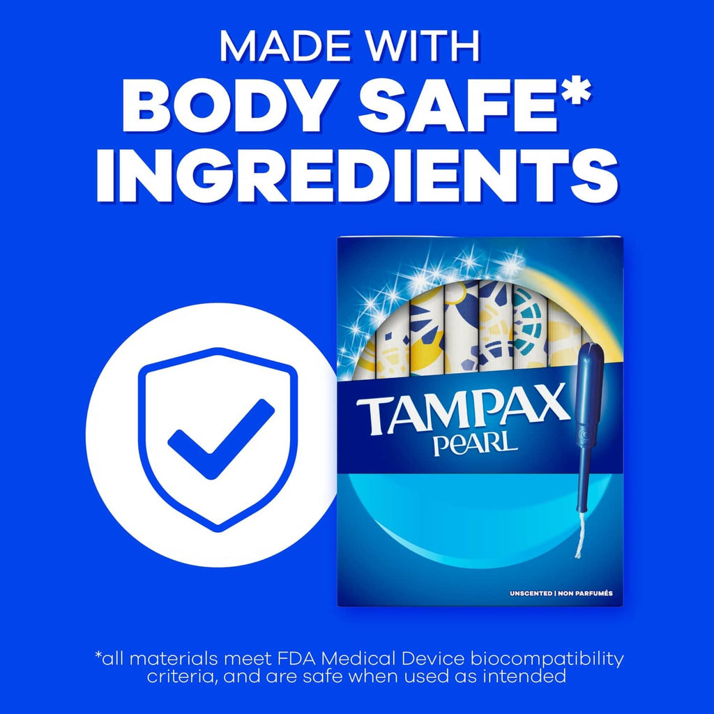 Tampon multipack box with body safe ingredients label