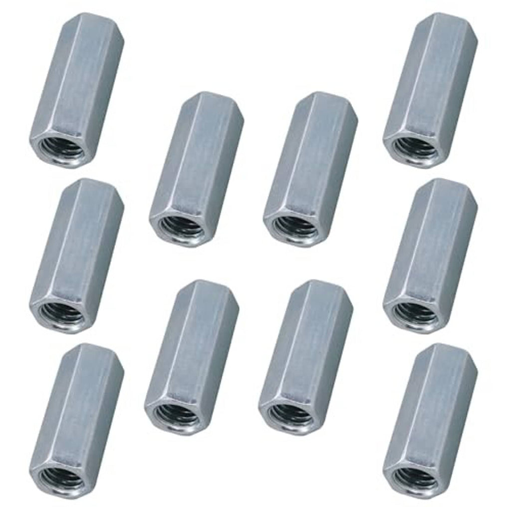 Silver hex coupling nuts, UNC threaded fasteners shown in multiple pieces