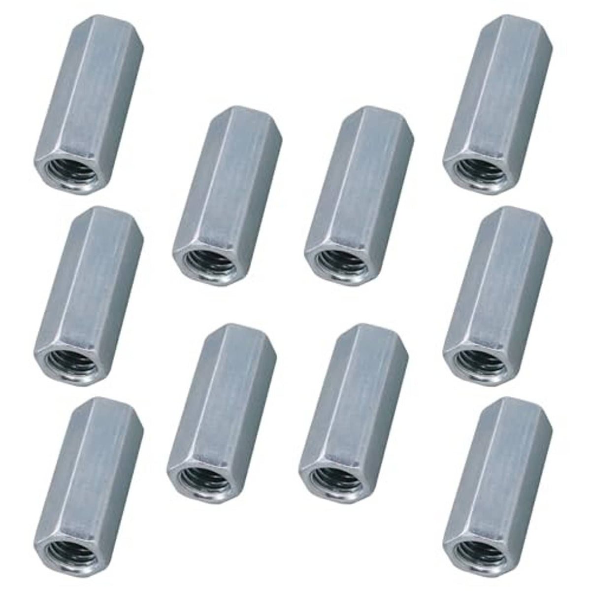Silver hex coupling nuts, UNC threaded fasteners shown in multiple pieces