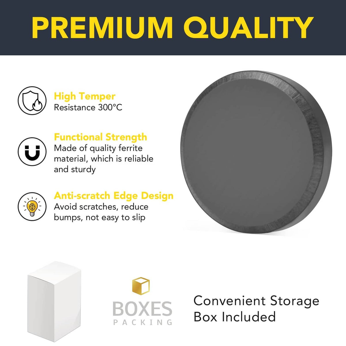 Round dark gray disc magnet with anti-scratch edge detail and product icons