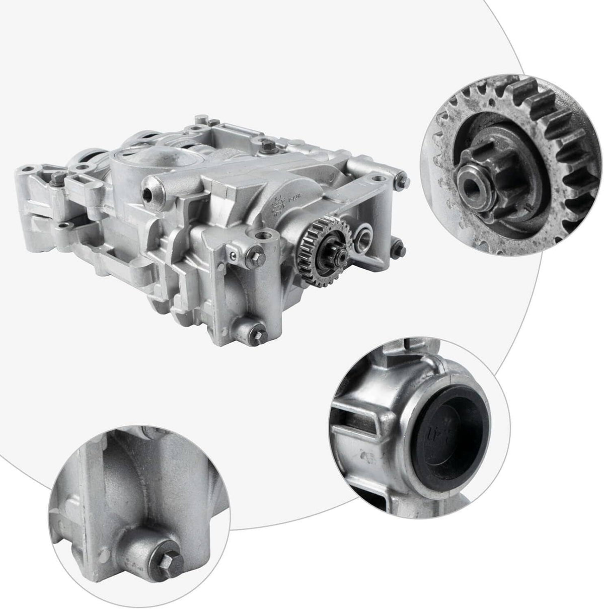 Shaft balance oil pump with circular gear and mounting bracket, silver metal body