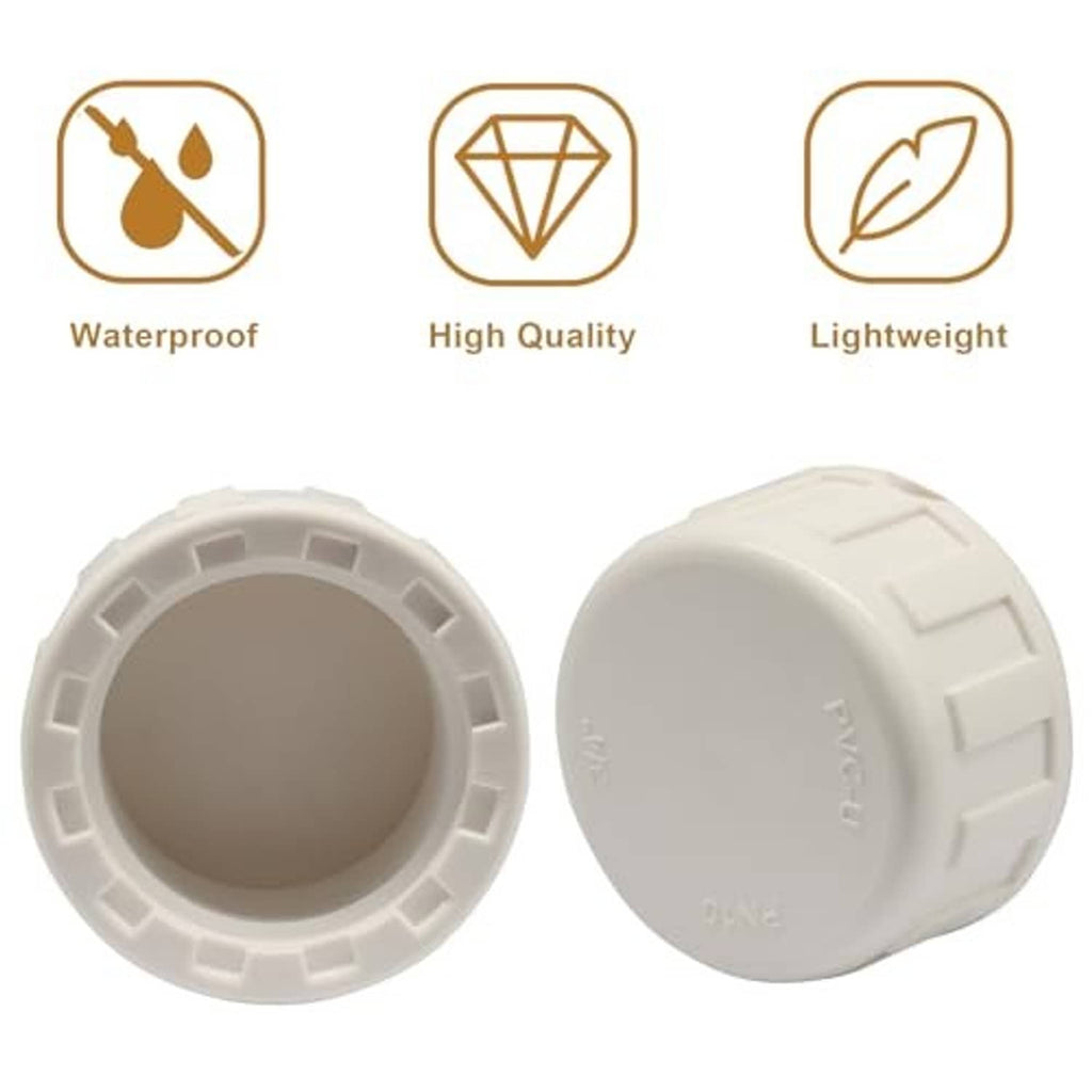 White PVC cap fitting for 3/4 in end pipe, female threaded opening