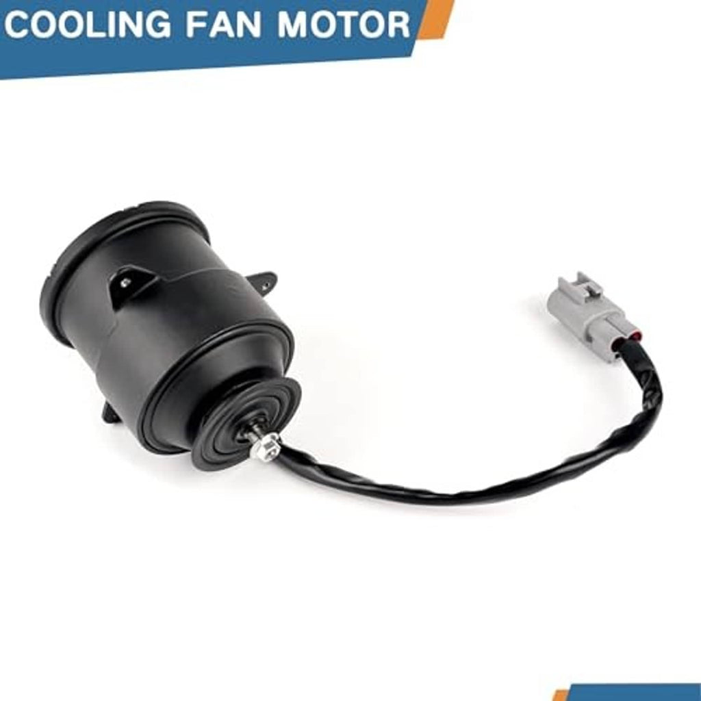 Radiator cooling fan motor with black body and gray plug on wiring harness