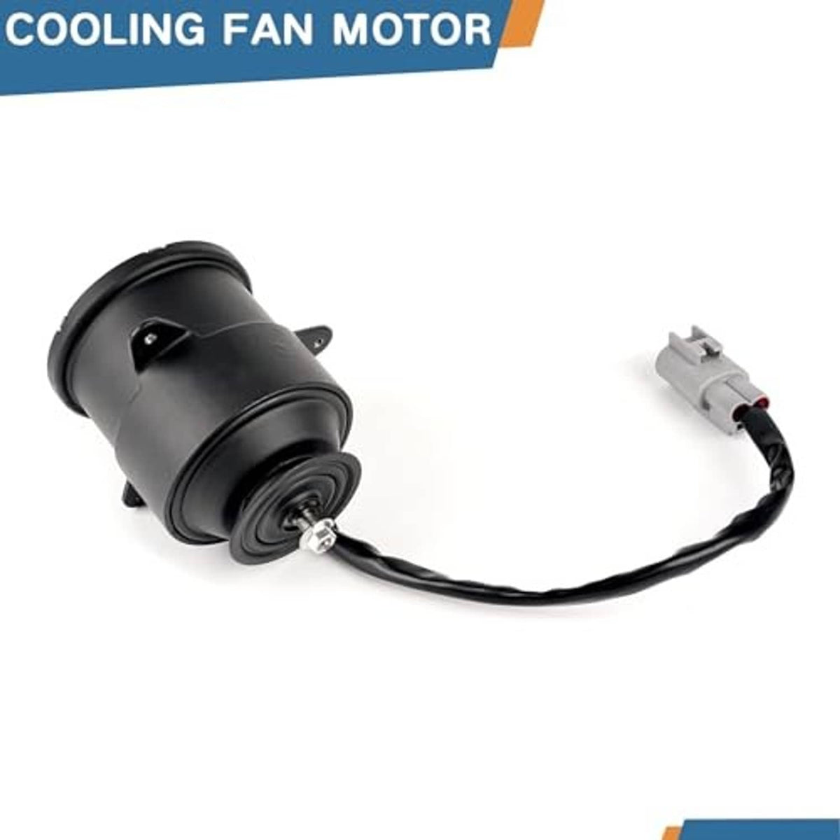 Radiator cooling fan motor with black body and gray plug on wiring harness