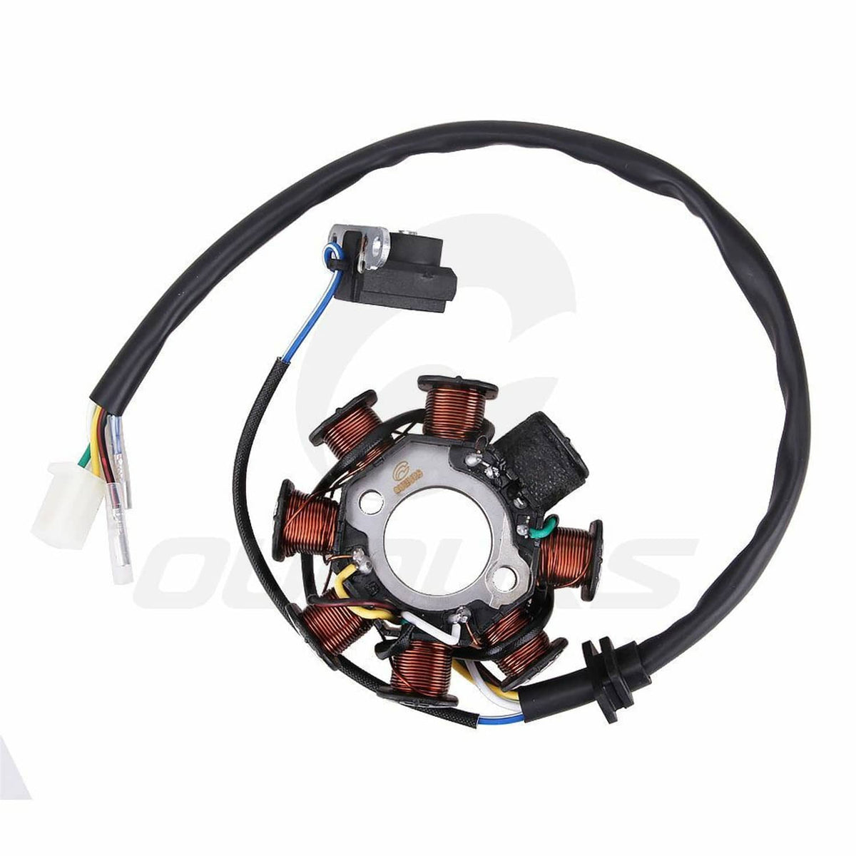 8-pole magneto stator with copper coils and 5-wire harness, black connector blocks