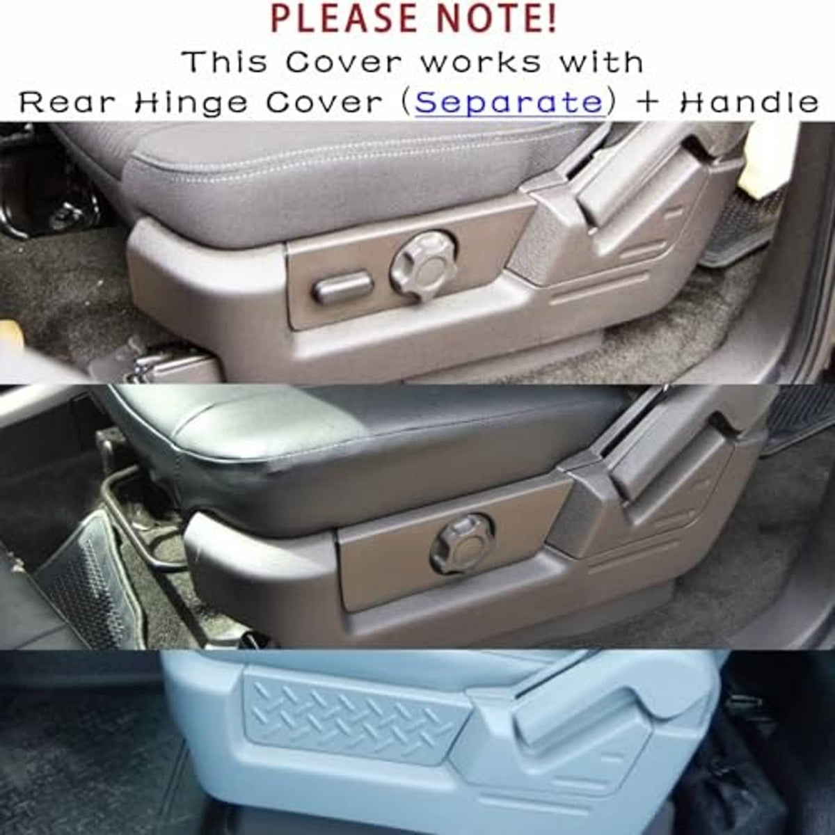 Gray seat trim cover installed on vehicle armrest/console area with latch hardware