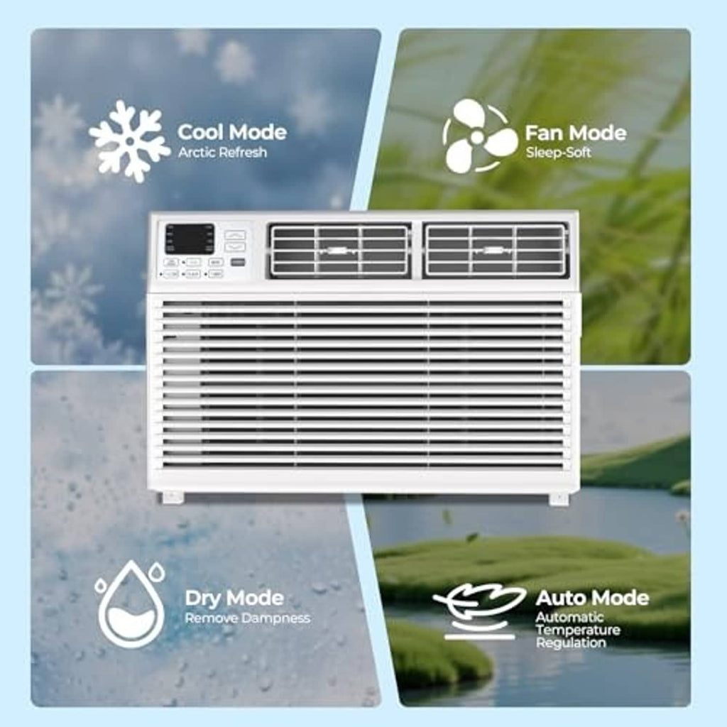 White window air conditioner unit front with mode icons on control area