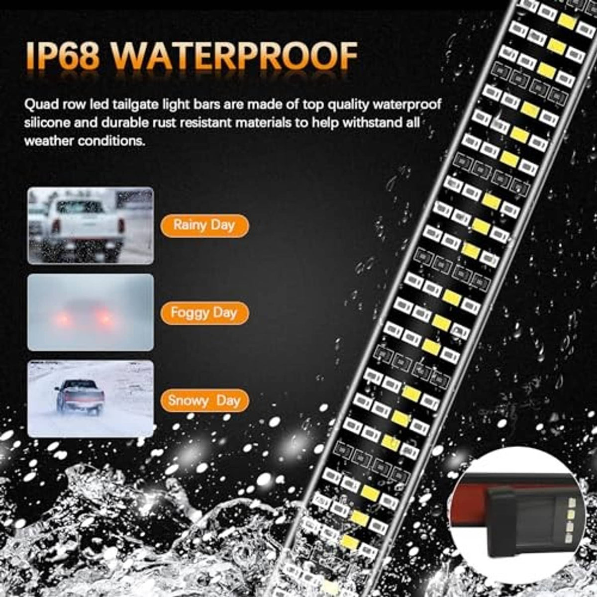 Waterproof quad-row LED tailgate light bar shown angled with splash and droplets