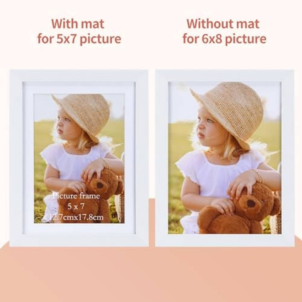 White picture frames with optional mat: 5x7 with mat, 6x8 without mat
