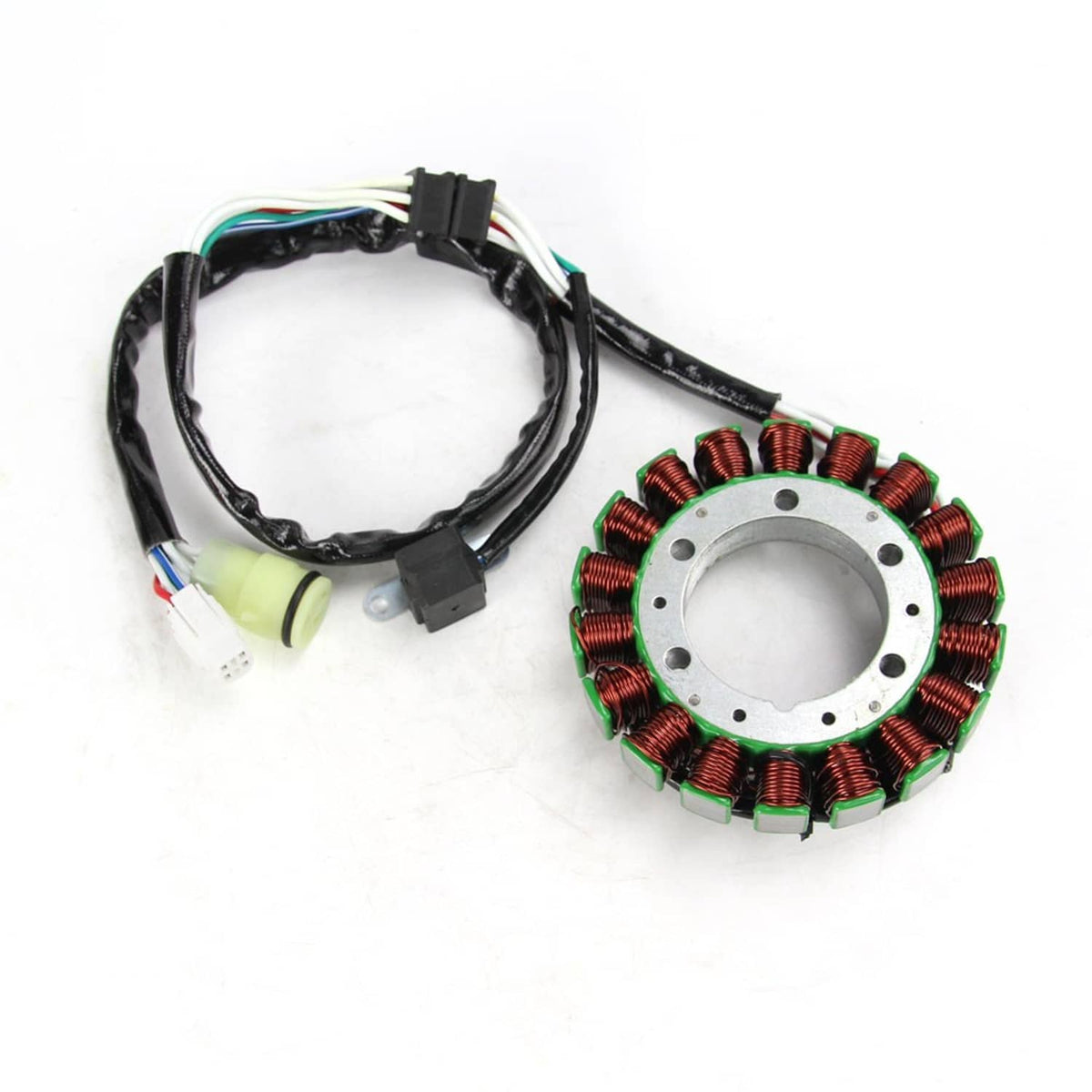 Motorcycle stator coil with green core and copper windings plus wiring harness