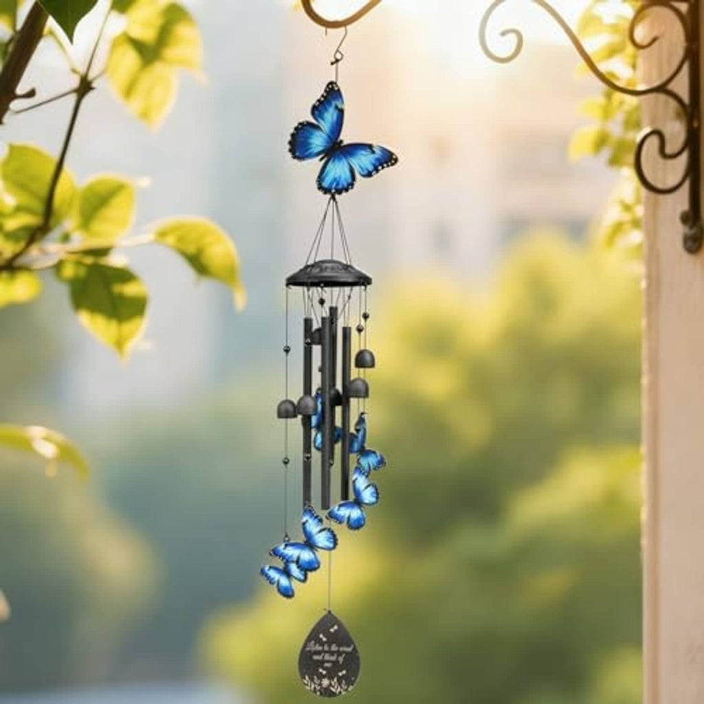 Hanging metal wind chime with blue butterfly ornaments and black tone tubes
