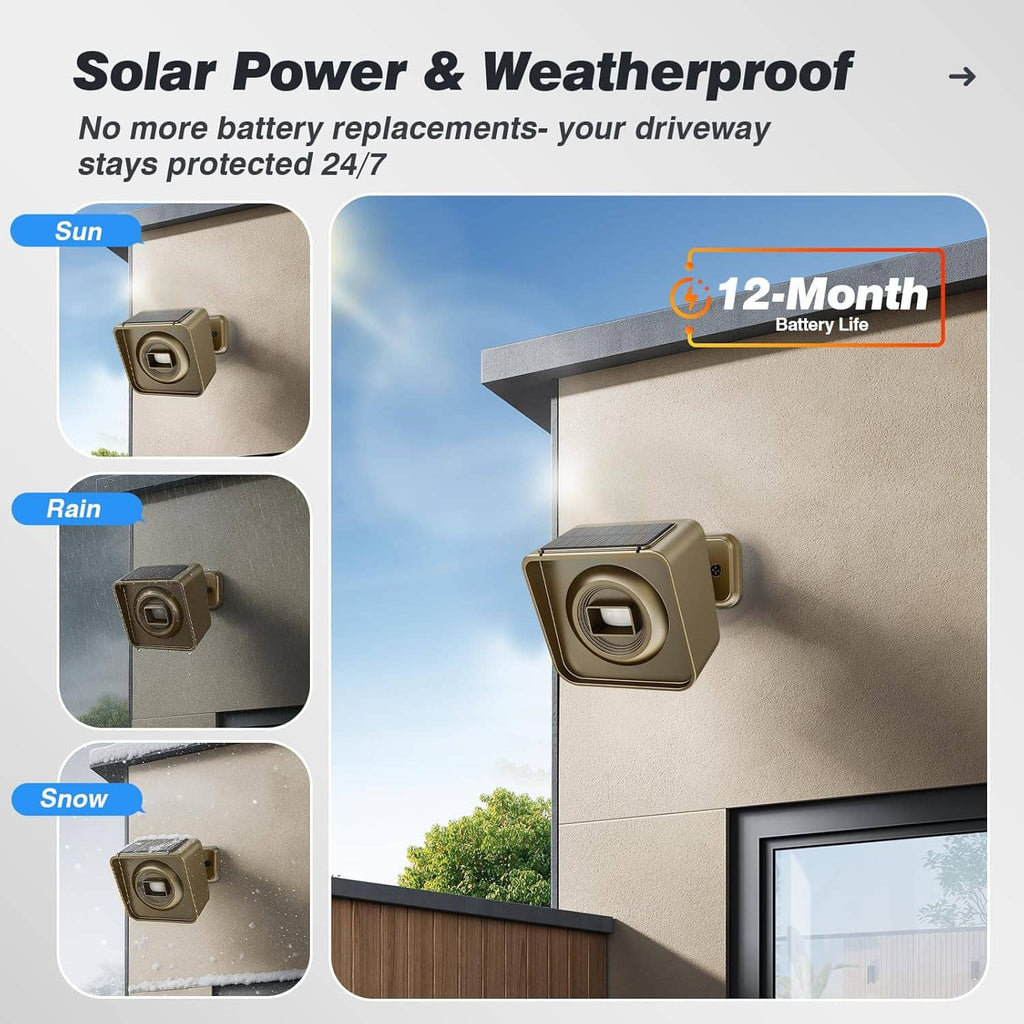 Solar-powered weatherproof outdoor alarm sensor unit in tan