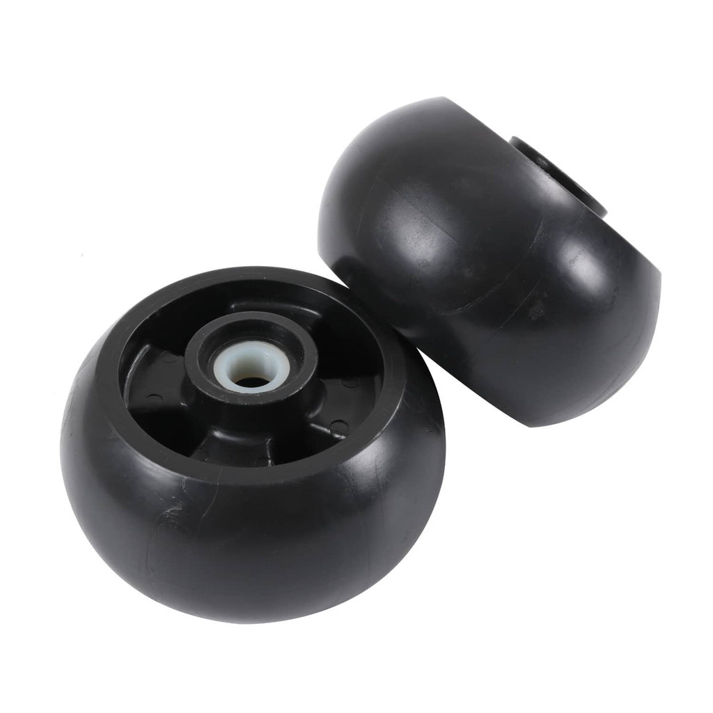 Black deck mower wheels with exposed hubs, one shown from the side