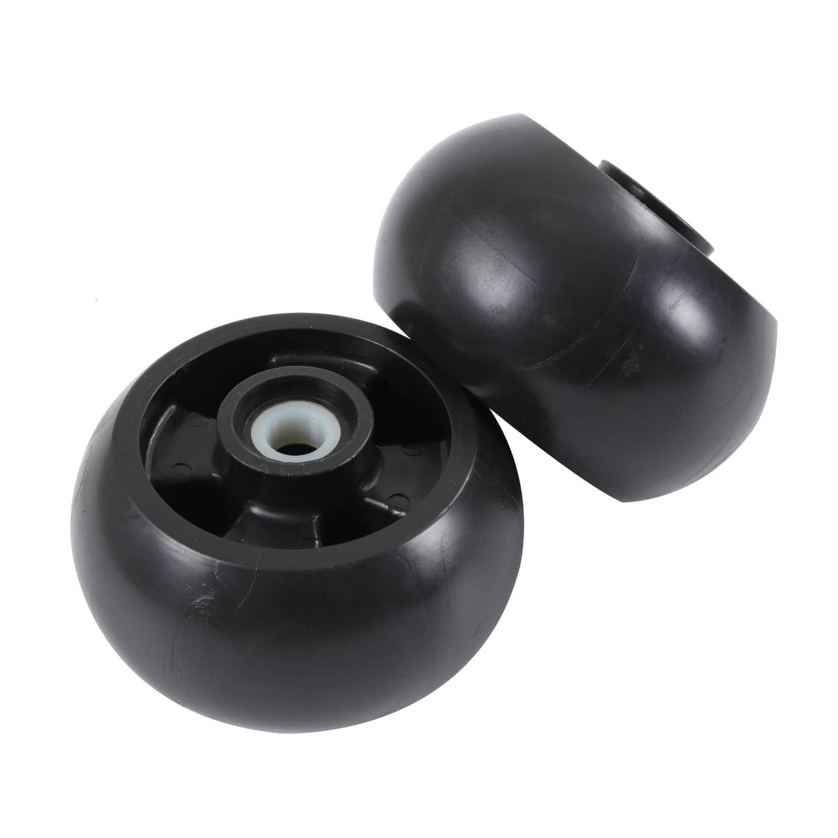 Black deck mower wheels with exposed hubs, one shown from the side